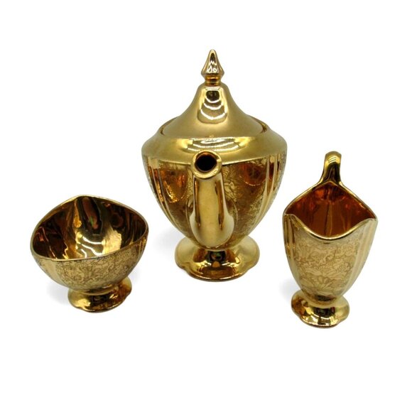ROYAL WINTON Grimwades Gold Teapot Creamer and Sugar Bowl with Floral Design VTG - Picture 5 of 10